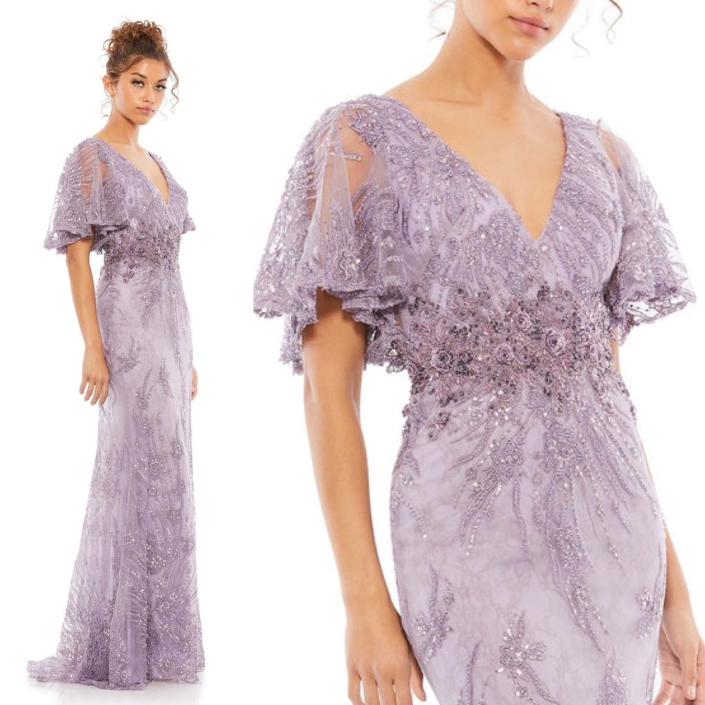 Mac Duggal Lilac Embroidered V-Neck Evening Gown